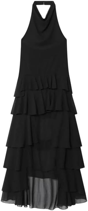 Women's Long Evening Party Pleated Dresses Backless Corset Sleeveless Asymmetrical Layered Ruffled Tulle Dress