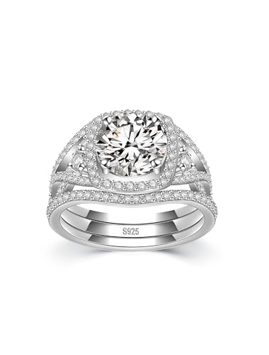 Image of moissanite 3 piece wedding ring set for Women,3CT Princess Cut Halo Bridal Set Wedding Bands S925 Sterling Silver with 18K White Gold Plated Engagement Anniversary Rings for Her Size 4.5-11