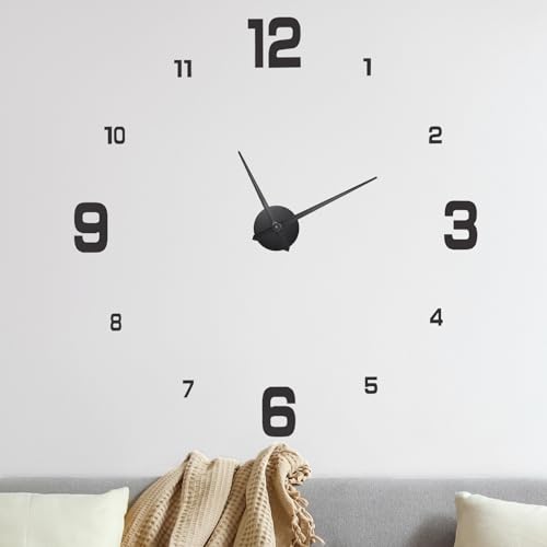 M METERXITY 1-Pack 3D DIY Wall Clock,59 Inch Modern Frameless Silent Clock Decor with 4 Big Number Sticker for Living Room/Office/Home/Surface Wall Decor [Black+Black]