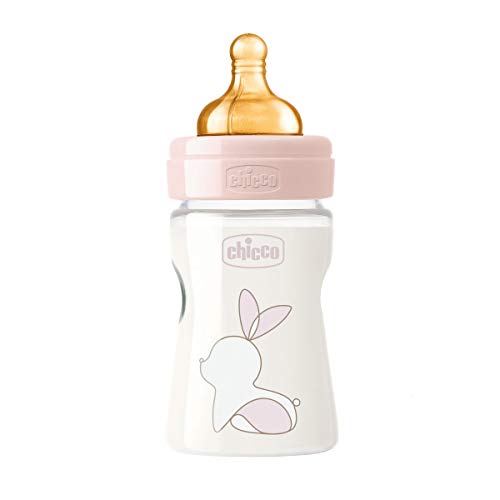 Chicco ORIGINAL TOUCH Biberón Anticólicos con Tetina de Látex 100% Natural, Biberón con Flujo Lento 0+ Meses, Biberón de Plástico de 150 ml para Recién Nacidos, Rosa