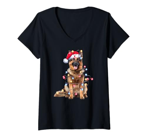 Damen Deutscher Schäferhund Weihnachtsbeleuchtung Xmas T-Shirt mit V-Ausschnitt