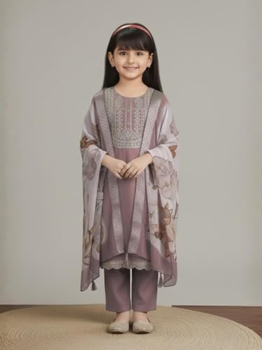 Image of Girls Ethnic Embroidered Silk Kurta Pant and Jacquard Dupatta Set | Kids Salwar Suit | three piece Traditional Outfit