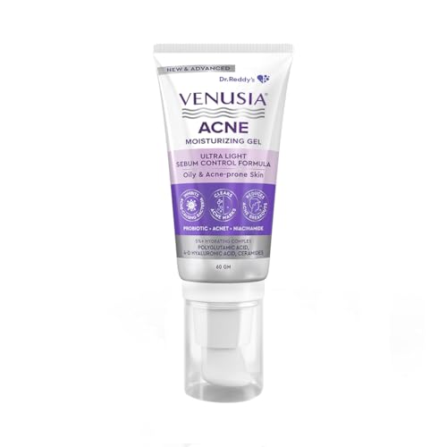 Image of Dr. Reddy's Venusia Acne Moisturizing Gel For Oily & Acne Prone Skin | Ultra-light Sebum Control Formula With 5%+ Hydrating Complex, Polyglutamic Acid, 4-D Hyaluronic Acid and Ceramide | Advanced Care For Clear, Balanced & Healthy Skin | Unisex Face Gel | 60 gm