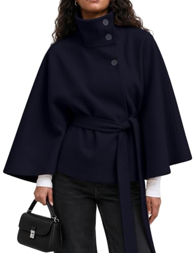 OPCAKM Women's Batwing Sleeve Poncho Coat Winter Cape Jacket(Navy-XS) | Casual Fall Winter Peacoat Clothes,Stand Collar Cropped Cape Coats with Belt,Oversized Jackets Work Travel Daily Outfit