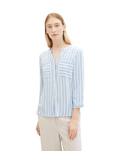 TOM TAILOR Damen Bluse mit Streifen & Brusttaschen, 35221 - Offwhite Blue Vertical Stripe, 32 1