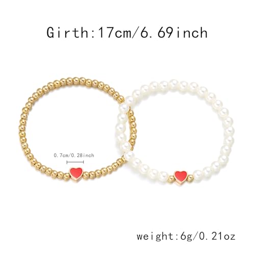 Colorful Heart Beaded Matching Couples Bracelets Chunky Simulated Pearl Stackable Stretch Bracelet Set Pinky Promise Heart Multilayered Elastic Bangles for Women Friendship Jewelry﻿ Gifts﻿﻿-Purple4