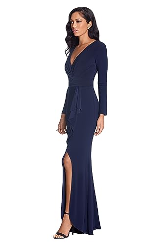 Image of Betsy & Adam Womens Betsy & Adam Women's V-Neck Long Sleeve, Floor-Length Gown with Side Ruffle Detail and Slit
