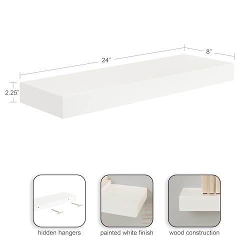 Image of Kate and Laurel Havlock Modern Natural Floating Shelves; Set of 2; 24 x 8; White; Functional Bathroom and Kitchen Shelves for Storage and Display