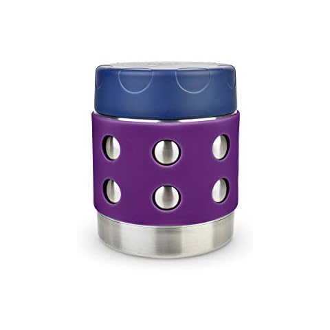 LunchBots Thermal 8 oz Triple Insulated Thermos - Hot 6 Hours or Cold 12 Hours - Leak Proof Thermos Soup Jar - All Stainless Interior - Navy Lid - Purple Dots Cover