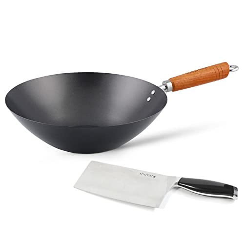 Ken Hom großer Antihaft Karbonstahl Wok 31 cm mit Holzgriff - Wokpfanne ohne Induktion - Set inkl. Hackmesser 18 cm