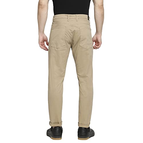 Image of Spykar Men Mid Rise Camel Cotton Slim Fit Tapered Length Trousers