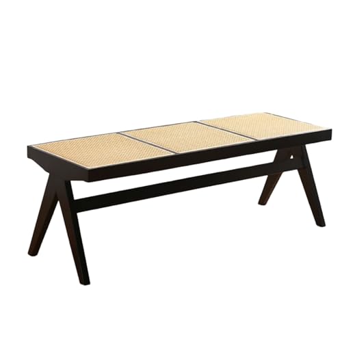 Banco de madera de acacia sin respaldo, asiento de listones con ratán tejido a mano, patas de madera maciza, muebles de conversación de granja para 2-3 personas, entrada