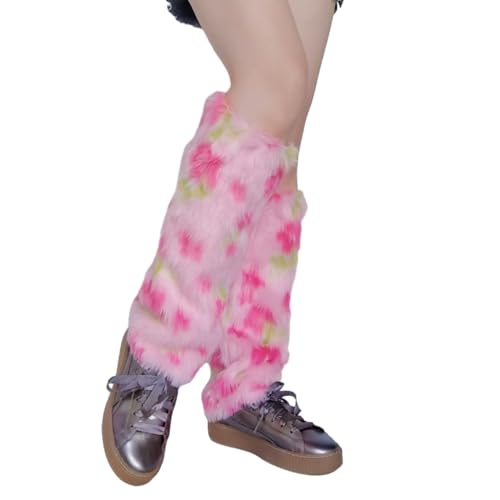 Women Plush Leg Warmers Japanese Vintage Sweet Floral Winter Warm Furry Leg Sleeve Socks