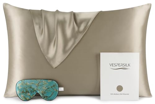 Vespersilk 100% Mulberry Silk Pillowcase & Eye Mask Set for Hair and Skin Health, 19 Momme Grade 6A Organic Silk Both Sides, with Hidden Zipper (Standard 50x75cm, Taupe)