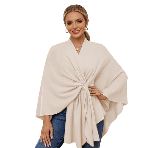 Womens Elegant Open Front Poncho Cardigan Sweater Shawl Wrap for Women Soft Warm Lightweight Knitted Cape for Fall Winter (Beige)