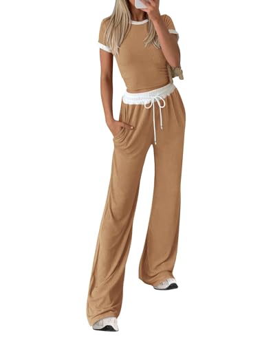 BTFBM Womens 2 Piece Outfits 2025 Spring Fashion Casual Clothes Ribbed Knit Crop Top Wide Leg Pants Tracksuit Lounge Set