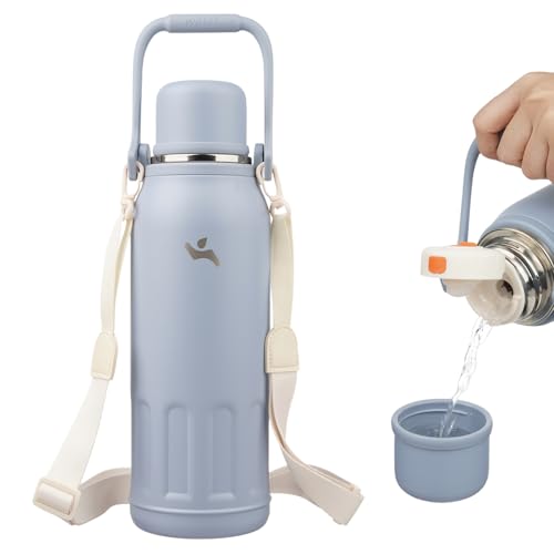 Image of Insulated Water Bottle with Handle and Strap,Vacuum Travel Tumbler with Cup Lid,Thermo Coffee Cup for Hot Cold Drinks 50 OZ,Blue Haze
