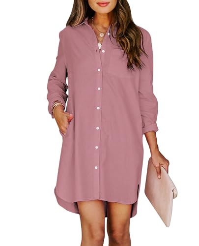 Image of Aoudery Womens Button Down Shirt Dresses with Pockets Cotton Button Up Tunics Long Sleeve Solid High Low Blouse Tops