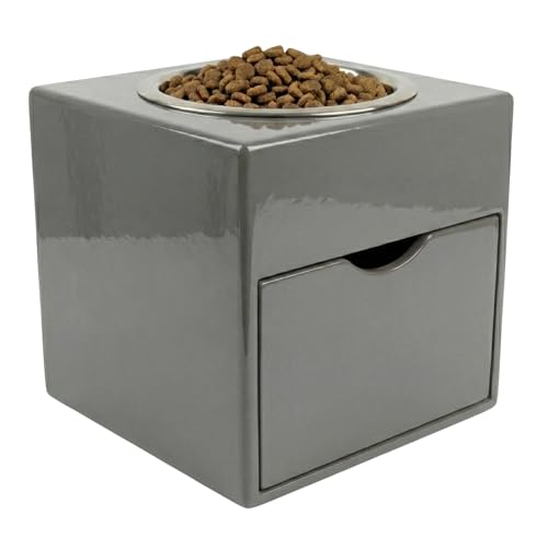 AR Sabri SHOPEE Wooden Pet Feeder Stand with Storage Drawer for Dogs and Cats, MDF Raised Feeding Station, 10 Inch, Removable Stainless Steel Bowl for Dry and Wet Food (Grey)