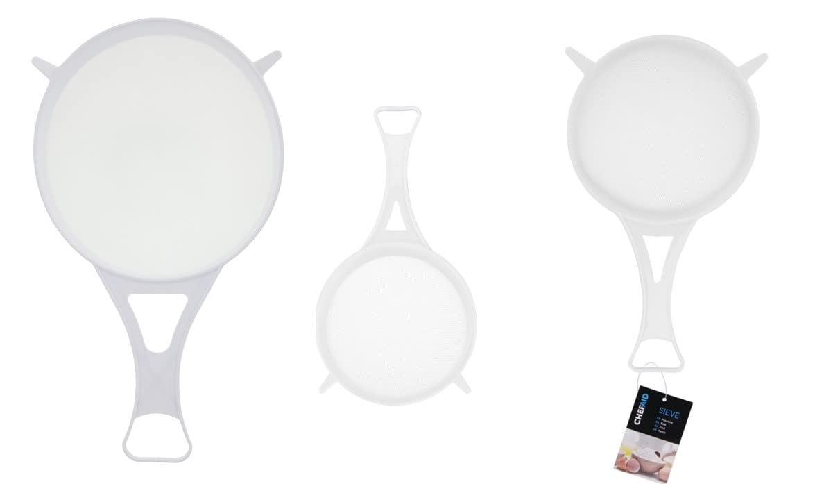Chef Aid Nylon Mesh Strainer Set, 3 White Plastic Seieve Ideals for Draining, Straining and Washing Pulse Beans, Vegatable, Fruit, Rice and Much More, BPE Free and Dishwasher Safe