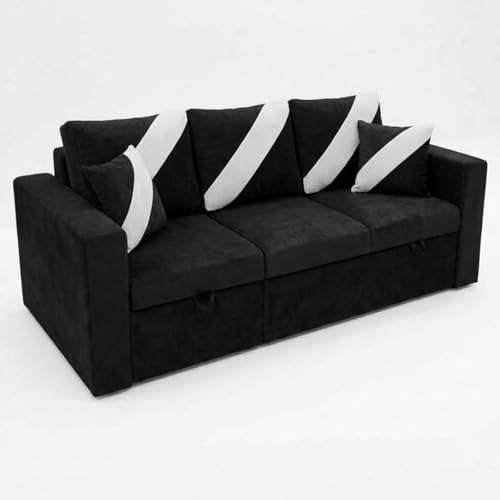 Image of FURNY Trivia 4 Seater LHS Lounger Sofa Cum Bed (Black) with Pull-Out Function | Luxury Velvet Suede Finish | Durable Comfort | Ideal for Living Room