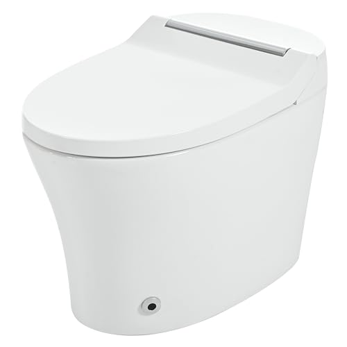 Inodoro inteligente de una pieza alargado con asiento calefactado, descarga automática y sensor de pie, doble descarga (1/1,28 GPF), control mediante perilla, luz nocturna, cerámica moderna compacta para baño, blanco plateado miniatura 2