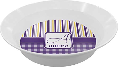 Personalized Purple Gingham & Stripe Melamine Bowl - 12 oz