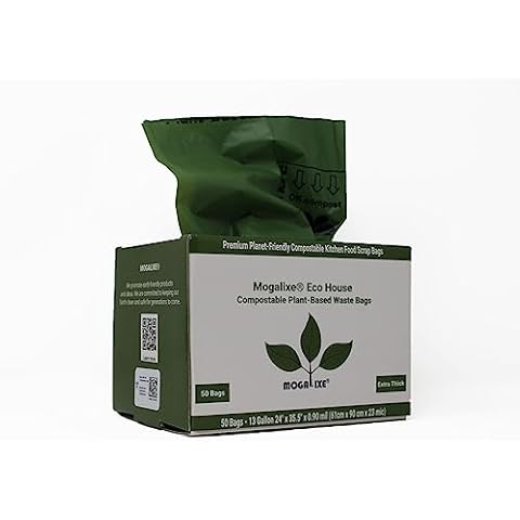 MOGALIXE 100% Compostable Bags, 13 Gallon, 49.21 Liter, 50 Count, 24 x 35.5 Inches, 0.90 Mils Compostable Liners, ASTM D6400, EN 13432, OK Compost Home Certified (50 Bgas) Cover