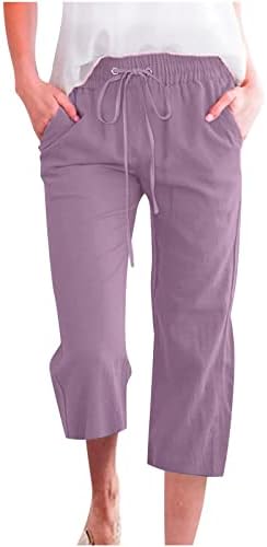 Plus Size Cargo Pants for Women Capri Pants Casual 2023 Summer Drawstring Elastic High Waist Linen Pant Straight Wide Leg Cropped Trouser