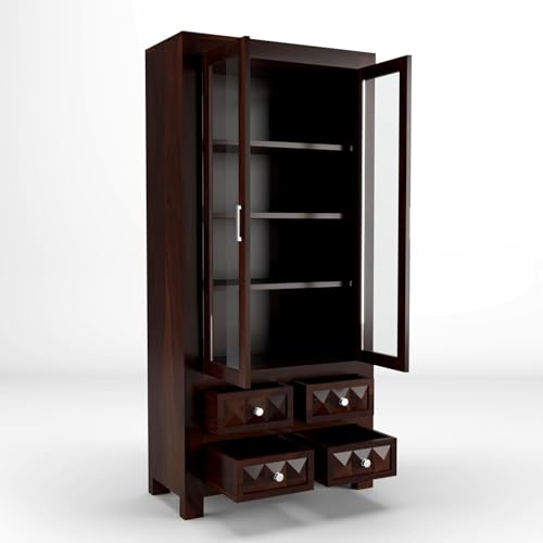 Image of Wood Book Shelf for Home Library | Book Shelf with Glass Door | Kitchen Crockery Cabinet, Almirah, Home,Office Study Room Furniture Books Rack (Walnut Finish)