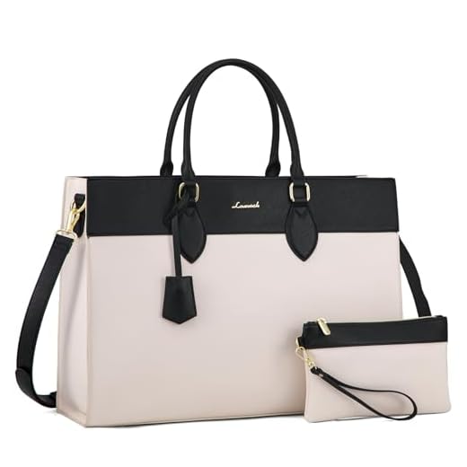 LOVEVOOK Laptop Bag for Women, Waterproof Leather Laptop Tote Bag, Large Professional Work Bag Purse & Business Computer Briefcase for Office, Teacher, Gifts, Beige & Black Two-tone