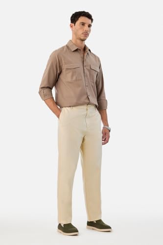 Image of SNITCH Men Casual Trousers| Baggy Fit Mid Rise Solid Plain Front Style | Breathable Cotton Blend & Lightweight Linen Fabric for Summer & Everyday Outings