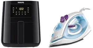 PHILIPS Digital Air Fryer HD9252/90 with Touch Panel, 1400W, 4.1 Liter, with Rapid Air Technology (Black), Large and Philips GC1905 1440-Watt Steam Iron with Spray (Blue)