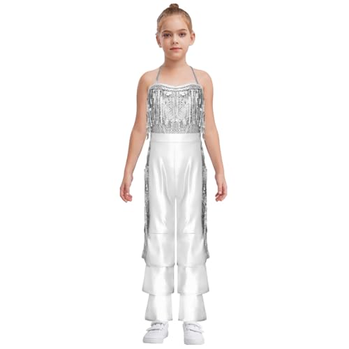 renvena Disfraz de danza metálico para niña, con lentejuelas, mono de baile, sin mangas, con flecos, disfraz de discoteca para niños, latino, estándar, plata, 110-116