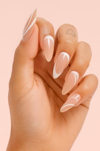 Image of 24 Pcs Reusable Artificial Nails Fake Nails with Glue and Kit (Modern French, Nude)
