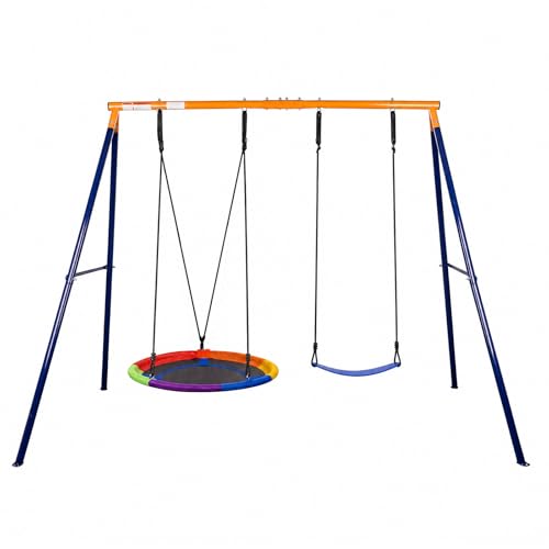 HLC Doppelschaukel mit Sitz, Metall Schaukelgestell für Nest- und Kinderschaukel, für Garten, Hof und Outdoor-Nutzung. (Blau/Orange)