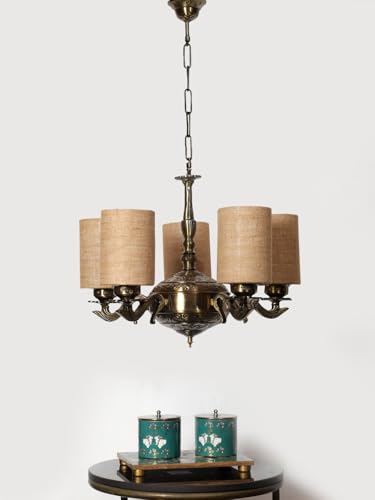 Image of Devansh 05 Lights Beige Jute Round Shade with Antique Golden Chandelier