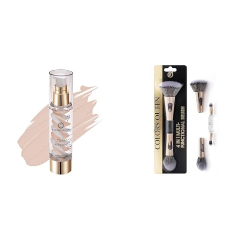 Image of Colors Queen 7-in-1 Total Repair Liquid Foundation 50g 02 Beige Full Coverage Oil-Free Primer Concealer Moisturizer CC Cream & Colors Queen 4-in-1 Multifunctional Makeup Brush Set Soft Bristles