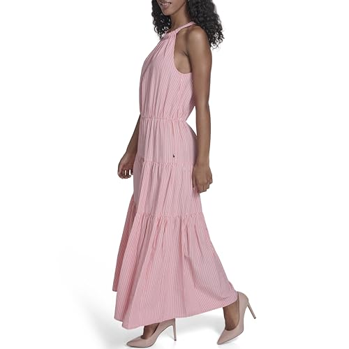 Image of Tommy Hilfiger Women's Sleeveless Halter Neck Seersucker Tiered Skirt Maxi Dress