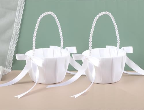Flower Girl Baskets for Wedding set of 2 Ivory Flower Girl Basket With Pearl Handle Wedding Baskets for Flower Girls