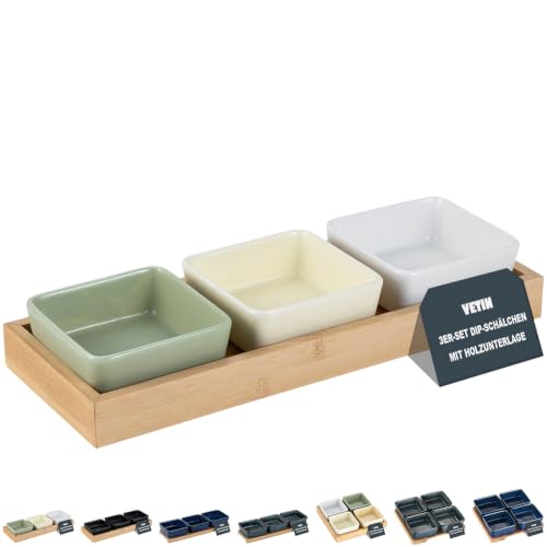 VETIN Keramik Dipschalen Set mit Holzbrett, Snackteller für Snacks (Farbmischung 3er Set)