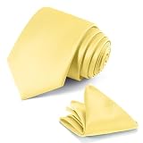 JUNMEISI Light Yellow Tie Set in Gift Box Mens Solid Color 3.15' (8CM) Lemon Yellow Necktie and Pocket Square Set