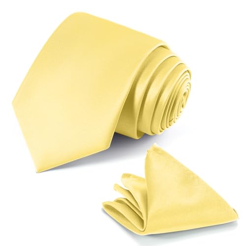 JUNMEISI Light Yellow Tie Set in Gift Box Mens Solid Color 3.15 (8CM) Lemon Yellow Necktie and Pocket Square Set