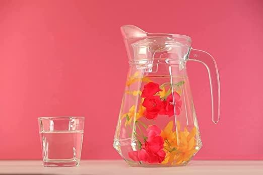 Image of NeWine Premium 1.3 Liter Glass Water Jug with Airtight Lid & Handle | 1300ML Transparent Beverage Carafe for Home Office Etc | Pitcher for Serve Juice Milk Beverage Chaas Cocktail (Hexagonal Jug 1.3L)
