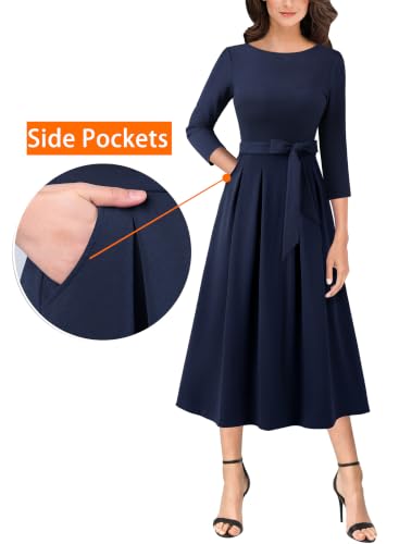 Image of VFSHOW Womens Work Business Casual Church Pockets Belted A-Line Midi Dress