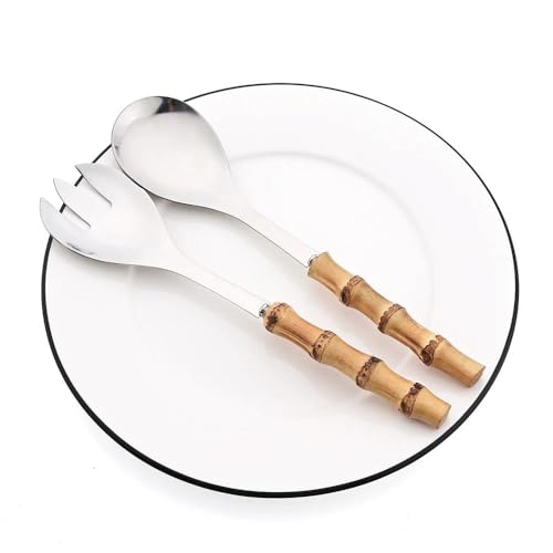 Set di posate – 4 pezzi cucchiaio da insalata con manico lungo forchetta forchetta cucchiaio da portata con manici in legno di bambù e stoviglie in acciaio inox