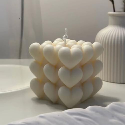 Image of Heart Bubble Cube Candle, Ivory, Decorative Pillar Candle, Aesthetic Home Decor