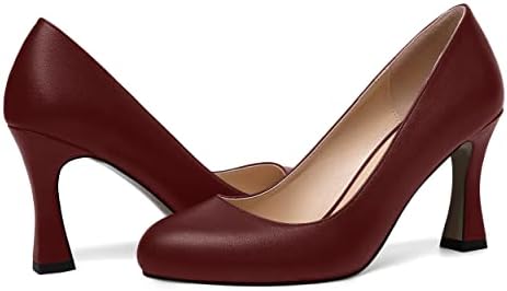 AMBELIGHT Chunky Slip On Fashion Evening Round Toe 3.3 Inch High Heel Solid Matte Casual Pumps Shoes Burgundy Size 8.5 - Zapatos for Women | Image 5