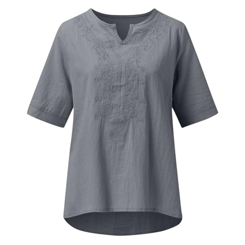 Women's Embroidered Blouse Cotton Linen Short Sleeve Peasant Boho Tunic Tops Casual Notch V Neck Loose Fit T-Shirts - Image 6