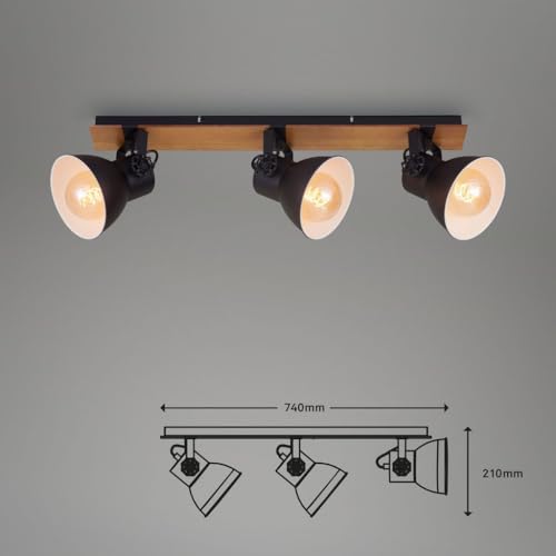 Plafonnier rétro bois Briloner Leuchten à 3 lampes E27 noir et blanc